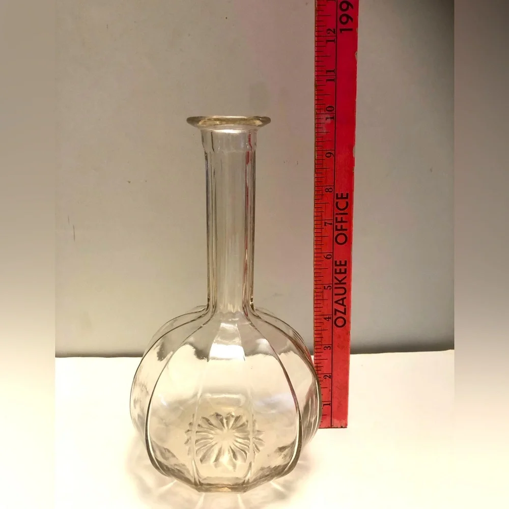Vintage Decanter Bottle No Stopper Long Neck Ribbed Glass Curvy Flower Bottom